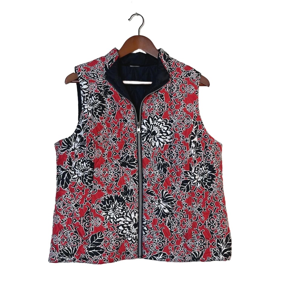 Reversible Floral Print Quilted Vest Sleeveless Jacket Black Red